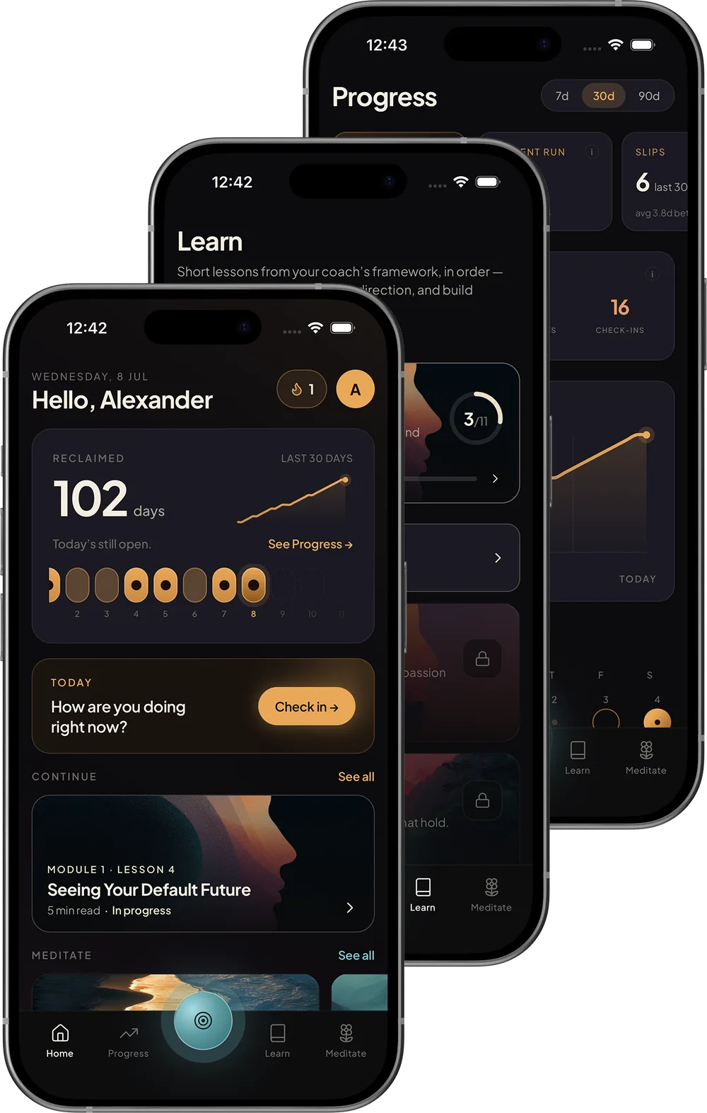 Unhooked on iPhone: the home dashboard, lessons, and progress screens