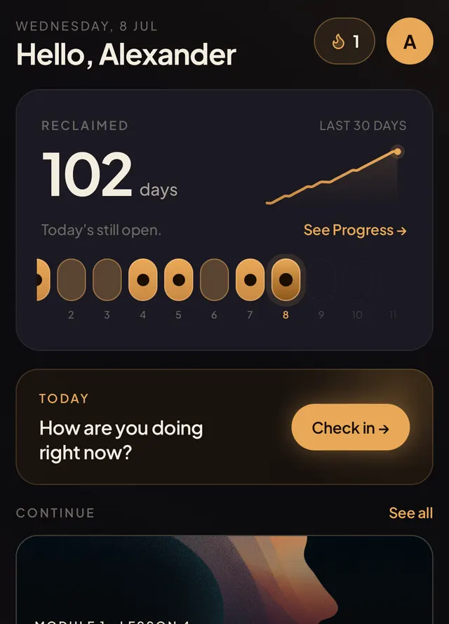Home dashboard: reclaimed days, the day strip, and today's check-in.