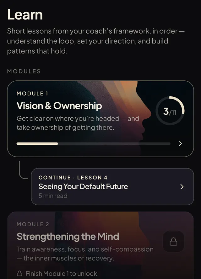 The Learn tab: modules and the next lesson.
